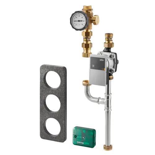 Oventrop Regusol X Ergänzungsset mit Hocheffizienzpumpe, Druckmanometer, Verbindungsstück und Adapterplatte zur Installation eines Heizsystems.